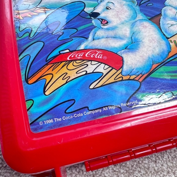 Vintage 1996 Coca Cola Bears Red Plastic Lunch Box Thermos Set - Picture 2 of 7